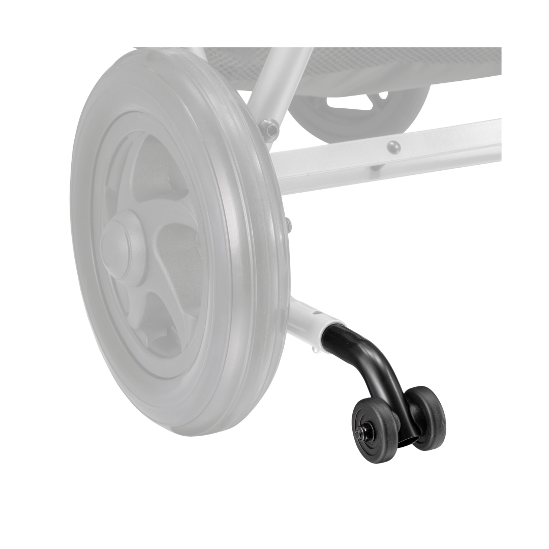 Close-up of a Strive Adaptive Stroller featuring black Anti Tippers, showing small dual wheels extending from the frame to enhance stroller safety and stability.